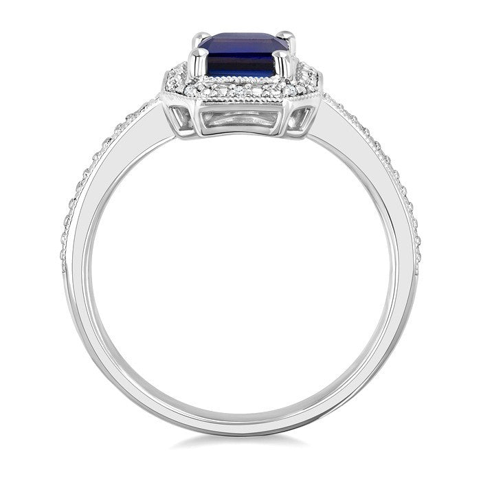 7X5 MM Octagon Shape Lab-Created Sapphire and 1/50 Ctw Round Cut Diamond Precious Ring in Sterling Silver