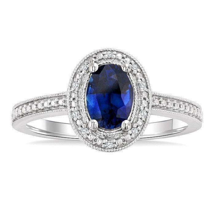 7X5 MM Oval Shape Lab-Created Sapphire and 1/50 Ctw Round Cut Diamond Precious Ring in Sterling Silver