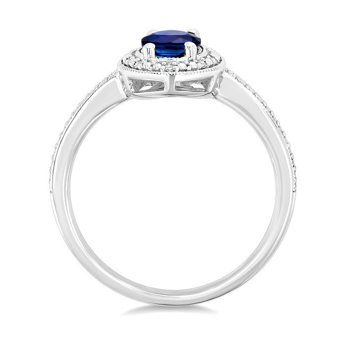 7X5 MM Oval Shape Lab-Created Sapphire and 1/50 Ctw Round Cut Diamond Precious Ring in Sterling Silver
