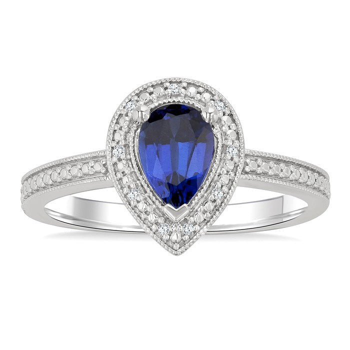 7X5 MM Pear Shape Lab-Created Sapphire and 1/50 Ctw Round Cut Diamond Precious Ring in Sterling Silver