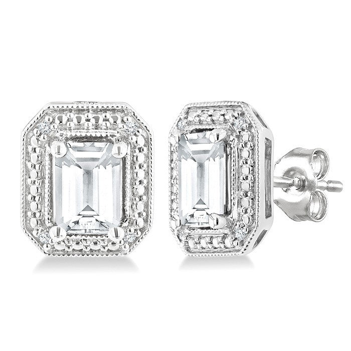 6X4 MM Octagon Shape White Topaz and 1/50 Ctw Round Cut Diamond Semi-Precious Earrings in Sterling Silver