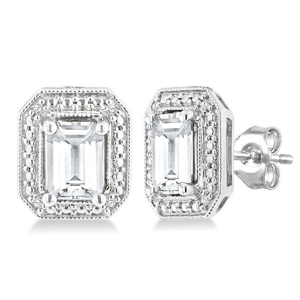 6X4 MM Octagon Shape White Topaz and 1/50 Ctw Round Cut Diamond Semi-Precious Earrings in Sterling Silver