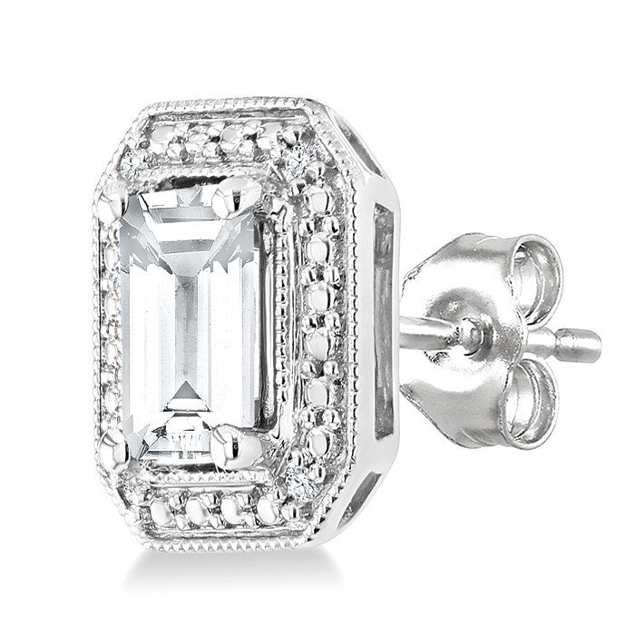 6X4 MM Octagon Shape White Topaz and 1/50 Ctw Round Cut Diamond Semi-Precious Earrings in Sterling Silver