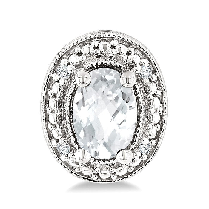 6X4 MM Oval Shape White Topaz and 1/50 Ctw Round Cut Diamond Semi-Precious Earrings in Sterling Silver