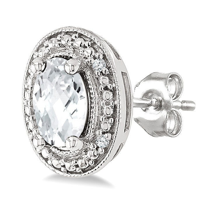 6X4 MM Oval Shape White Topaz and 1/50 Ctw Round Cut Diamond Semi-Precious Earrings in Sterling Silver