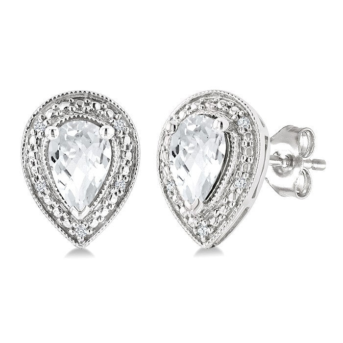 6X4 MM Pear Shape White Topaz and 1/50 Ctw Round Cut Diamond Semi-Precious Earrings in Sterling Silver