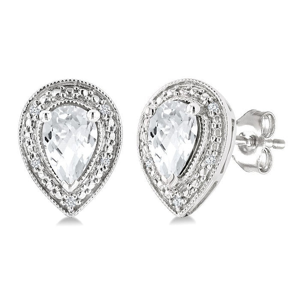 6X4 MM Pear Shape White Topaz and 1/50 Ctw Round Cut Diamond Semi-Precious Earrings in Sterling Silver