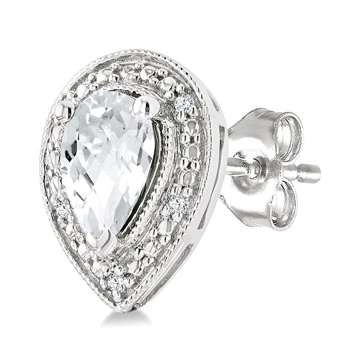 6X4 MM Pear Shape White Topaz and 1/50 Ctw Round Cut Diamond Semi-Precious Earrings in Sterling Silver