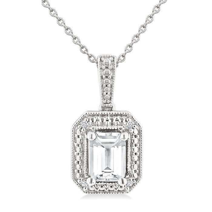 6X4 MM Octagon Shape White Topaz and 1/50 Ctw Round Cut Diamond Semi-Precious Pendant With Chain in Sterling Silver