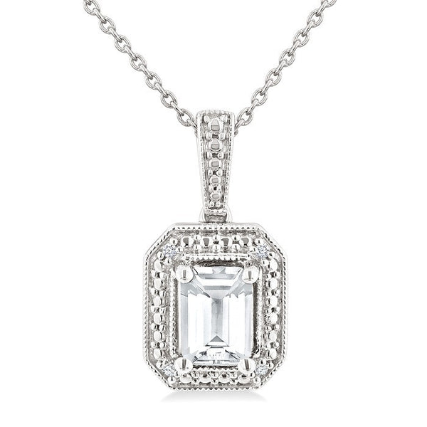6X4 MM Octagon Shape White Topaz and 1/50 Ctw Round Cut Diamond Semi-Precious Pendant With Chain in Sterling Silver