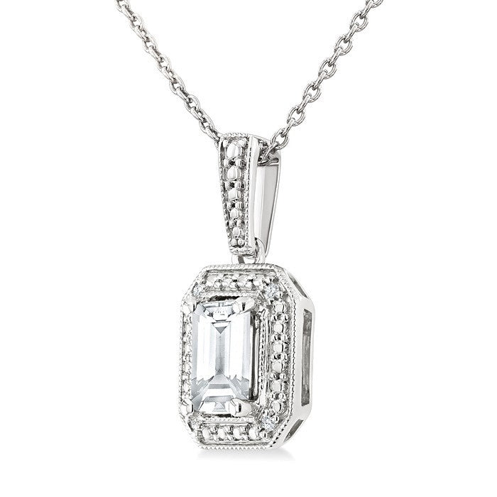 6X4 MM Octagon Shape White Topaz and 1/50 Ctw Round Cut Diamond Semi-Precious Pendant With Chain in Sterling Silver
