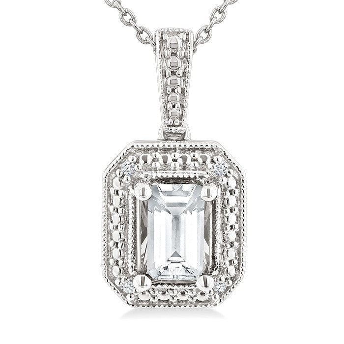 6X4 MM Octagon Shape White Topaz and 1/50 Ctw Round Cut Diamond Semi-Precious Pendant With Chain in Sterling Silver
