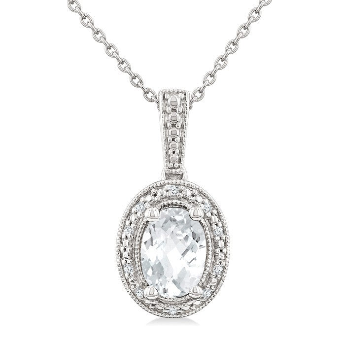 6X4 MM Oval Shape White Topaz and 1/50 Ctw Round Cut Diamond Semi-Precious Pendant With Chain in Sterling Silver