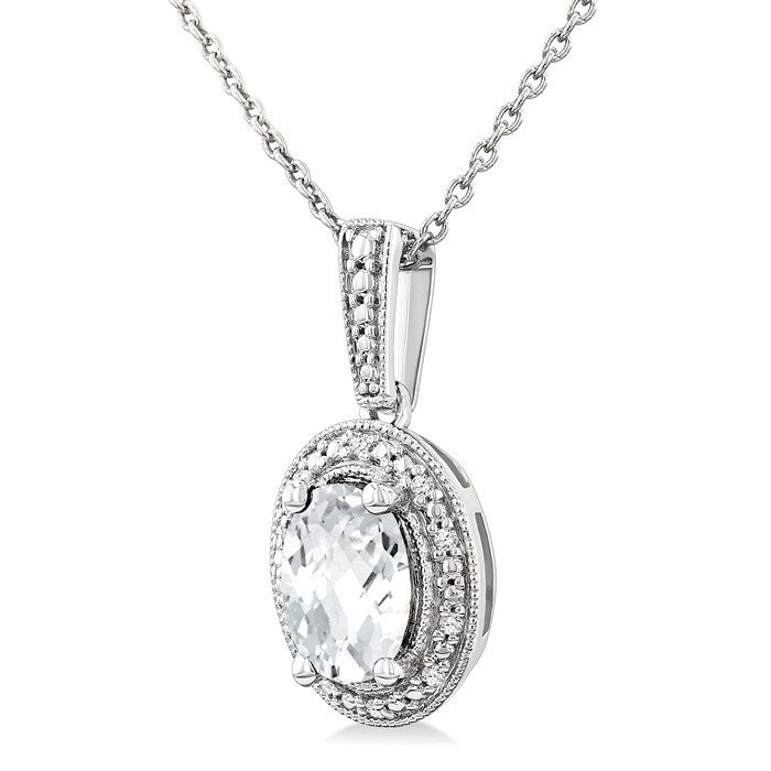 6X4 MM Oval Shape White Topaz and 1/50 Ctw Round Cut Diamond Semi-Precious Pendant With Chain in Sterling Silver