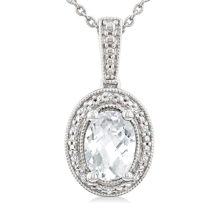 6X4 MM Oval Shape White Topaz and 1/50 Ctw Round Cut Diamond Semi-Precious Pendant With Chain in Sterling Silver