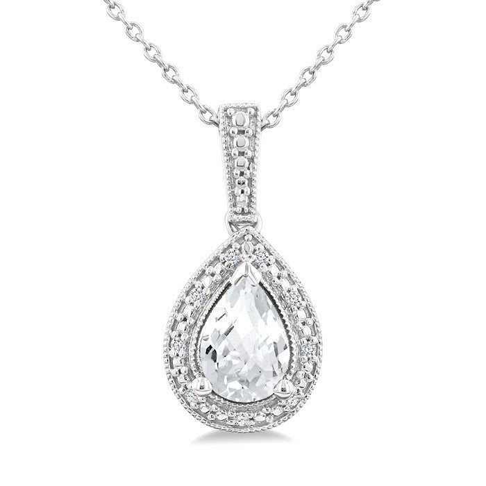 6X4 MM Pear Shape White Topaz and 1/50 Ctw Round Cut Diamond Semi-Precious Pendant With Chain in Sterling Silver