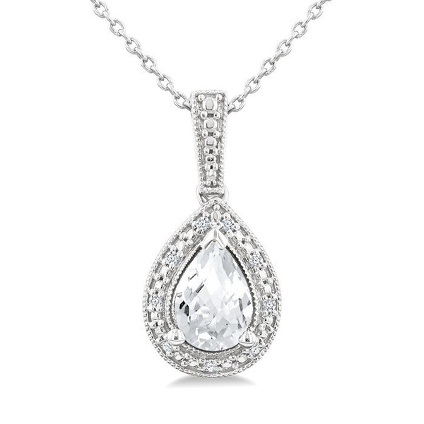 6X4 MM Pear Shape White Topaz and 1/50 Ctw Round Cut Diamond Semi-Precious Pendant With Chain in Sterling Silver