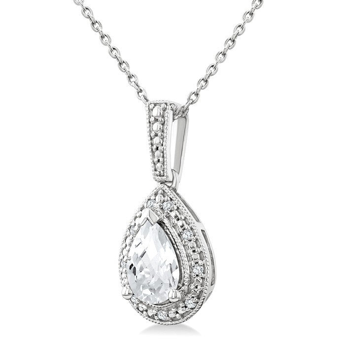 6X4 MM Pear Shape White Topaz and 1/50 Ctw Round Cut Diamond Semi-Precious Pendant With Chain in Sterling Silver