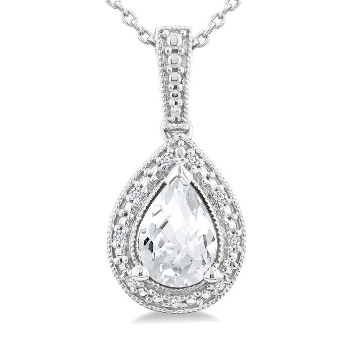 6X4 MM Pear Shape White Topaz and 1/50 Ctw Round Cut Diamond Semi-Precious Pendant With Chain in Sterling Silver
