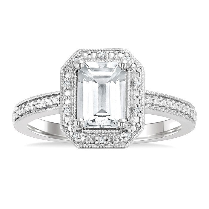 6X4 MM Octagon Shape White Topaz and 1/50 Ctw Round Cut Diamond Semi-Precious Ring in Sterling Silver