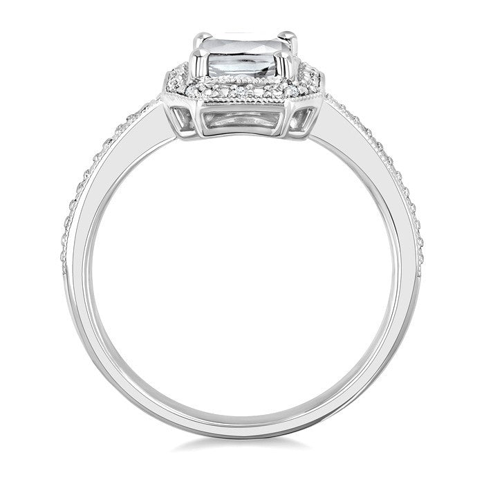 6X4 MM Octagon Shape White Topaz and 1/50 Ctw Round Cut Diamond Semi-Precious Ring in Sterling Silver