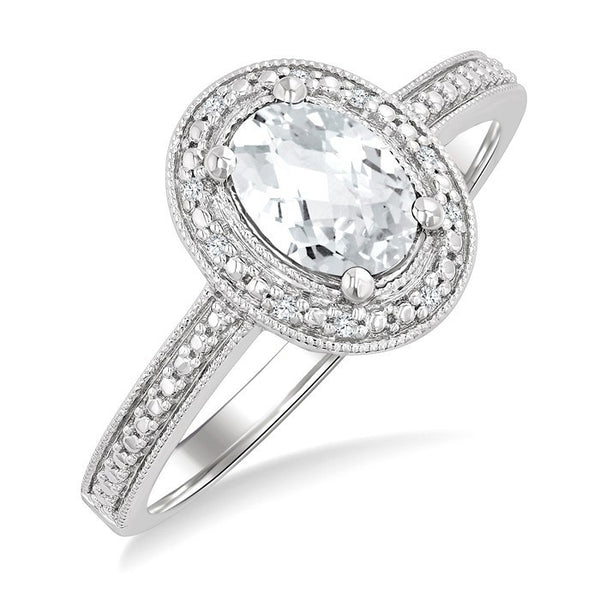 6X4 MM Oval Shape White Topaz and 1/50 Ctw Round Cut Diamond Semi-Precious Ring in Sterling Silver