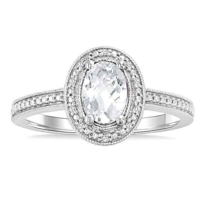 6X4 MM Oval Shape White Topaz and 1/50 Ctw Round Cut Diamond Semi-Precious Ring in Sterling Silver