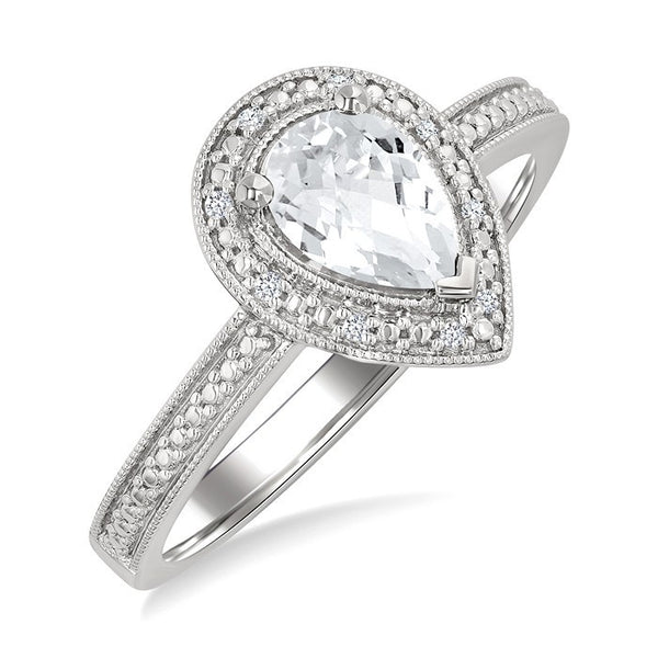 6X4 MM Pear Shape White Topaz and 1/50 Ctw Round Cut Diamond Semi-Precious Ring in Sterling Silver