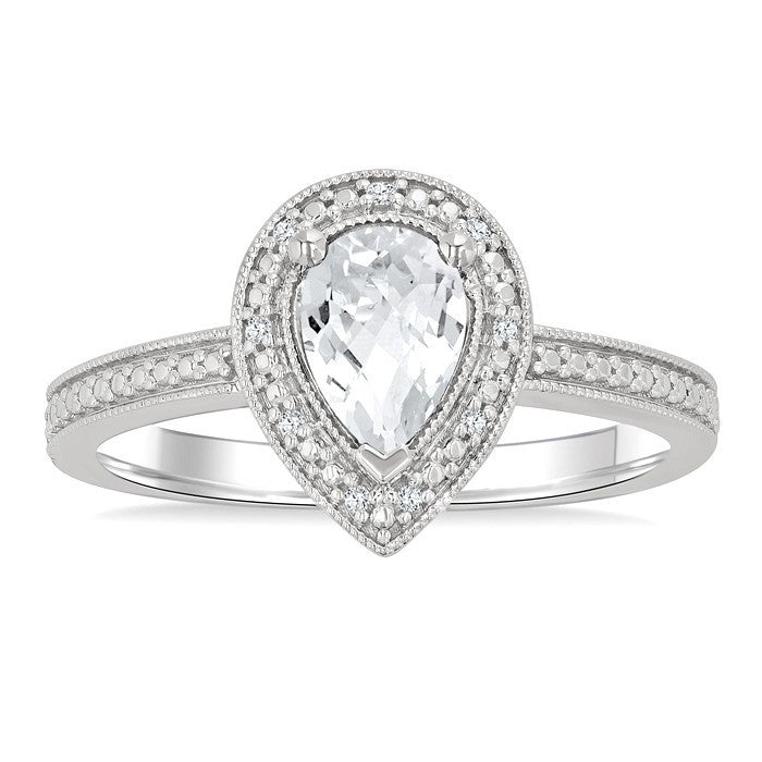 6X4 MM Pear Shape White Topaz and 1/50 Ctw Round Cut Diamond Semi-Precious Ring in Sterling Silver