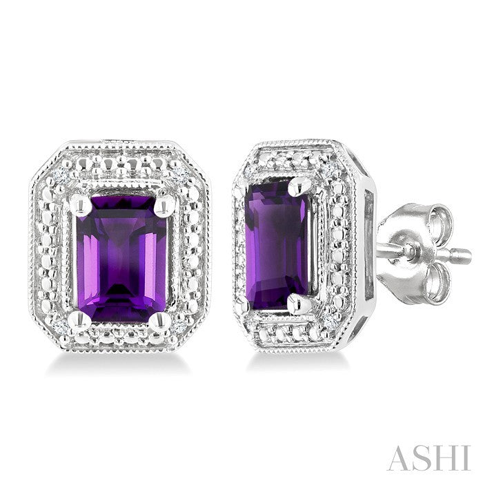 6X4 MM Octagon Shape Amethyst and 1/50 Ctw Round Cut Diamond Semi-Precious Earrings in Sterling Silver