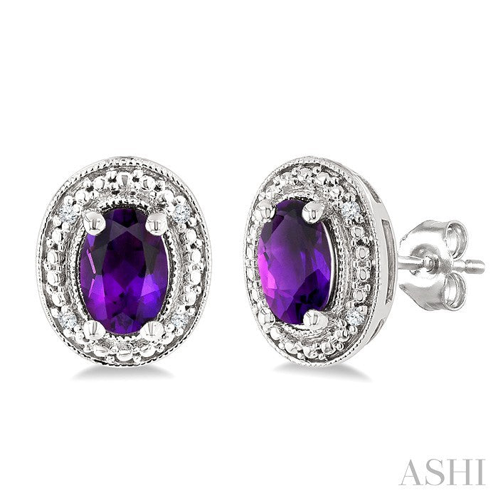 6X4 MM Oval Shape Amethyst and 1/50 Ctw Round Cut Diamond Semi-Precious Earrings in Sterling Silver