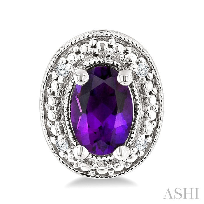 6X4 MM Oval Shape Amethyst and 1/50 Ctw Round Cut Diamond Semi-Precious Earrings in Sterling Silver