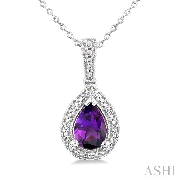 7X5 MM Pear Shape Amethyst and 1/50 Ctw Round Cut Diamond Semi-precious Pendant With Chain in Sterling Silver