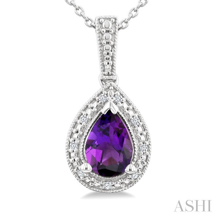 7X5 MM Pear Shape Amethyst and 1/50 Ctw Round Cut Diamond Semi-precious Pendant With Chain in Sterling Silver