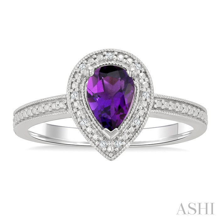 7x5 MM Pear Shape Amethyst and 1/50 Ctw Round Cut Diamond Semi-precious Ring in Sterling Silver