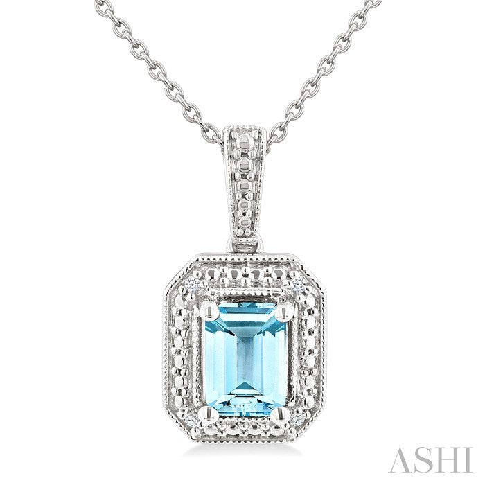 7X5 MM Octagon Shape Aquamarine and 1/50 Ctw Round Cut Diamond Semi-Precious Pendant With Chain in Sterling Silver