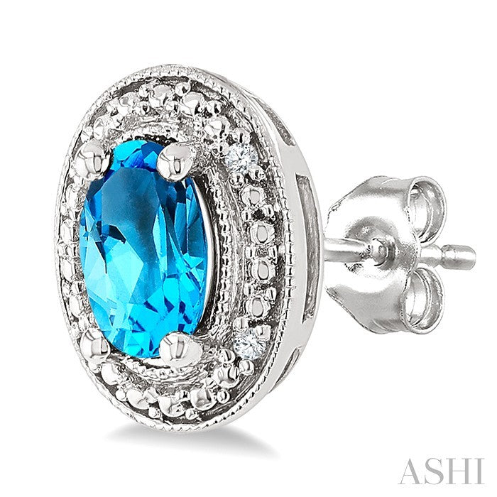 6X4 MM Oval Shape Blue Topaz and 1/50 Ctw Round Cut Diamond Semi-Precious Earrings in Sterling Silver