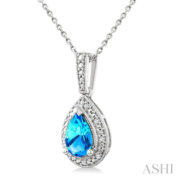 7X5 MM Pear Shape Blue Topaz and 1/50 Ctw Round Cut Diamond Semi-precious Pendant With Chain in Sterling Silver