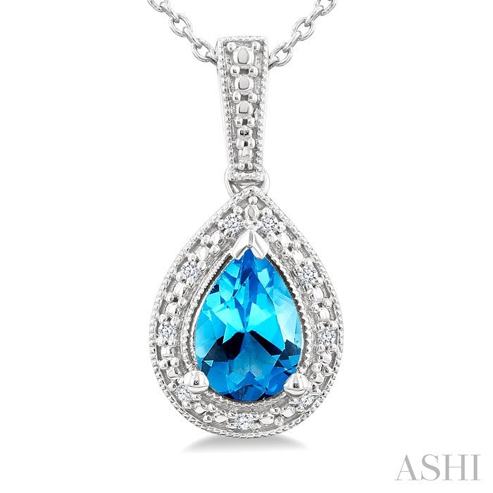 7X5 MM Pear Shape Blue Topaz and 1/50 Ctw Round Cut Diamond Semi-precious Pendant With Chain in Sterling Silver