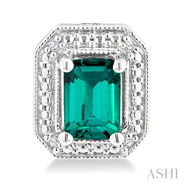 6X4 MM Octagon Shape Lab-Created Emerald and 1/50 Ctw Round Cut Diamond Precious Earrings in Sterling Silver