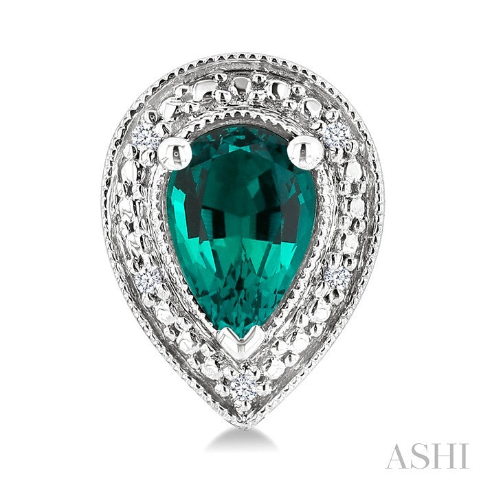 6X4 MM Pear Shape Lab-Created Emerald and 1/50 Ctw Round Cut Diamond Precious Earrings in Sterling Silver