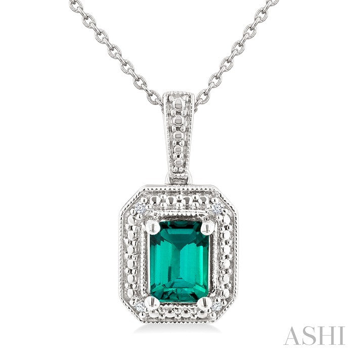 7X5 MM Octagon Shape Lab-Created Emerald and 1/50 Ctw Round Cut Diamond Precious Pendant With Chain in Sterling Silver