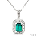 7X5 MM Octagon Shape Lab-Created Emerald and 1/50 Ctw Round Cut Diamond Precious Pendant With Chain in Sterling Silver