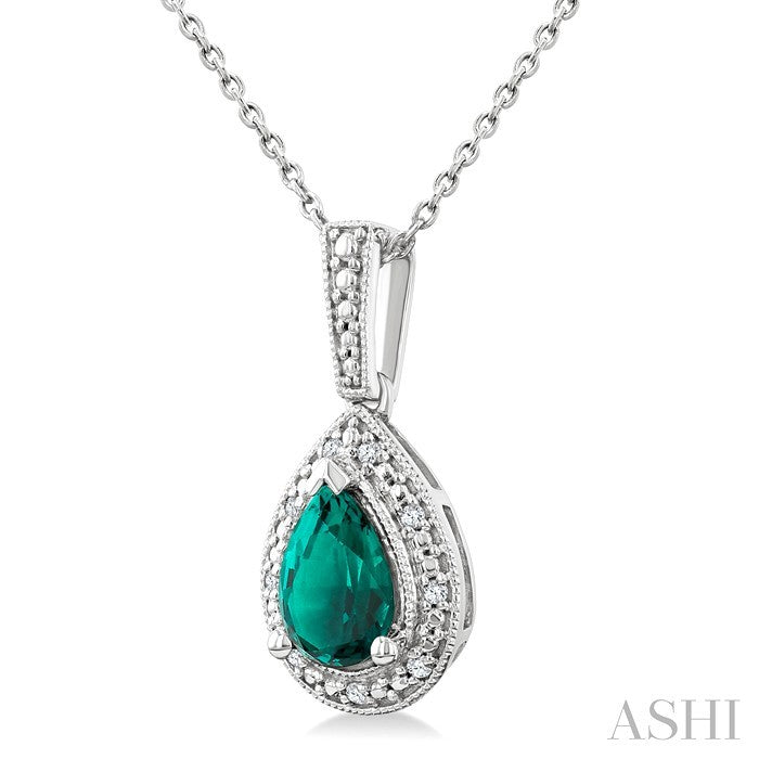 7X5 MM Pear Shape Lab-Created Emerald and 1/50 Ctw Round Cut Diamond Precious Pendant With Chain in Sterling Silver