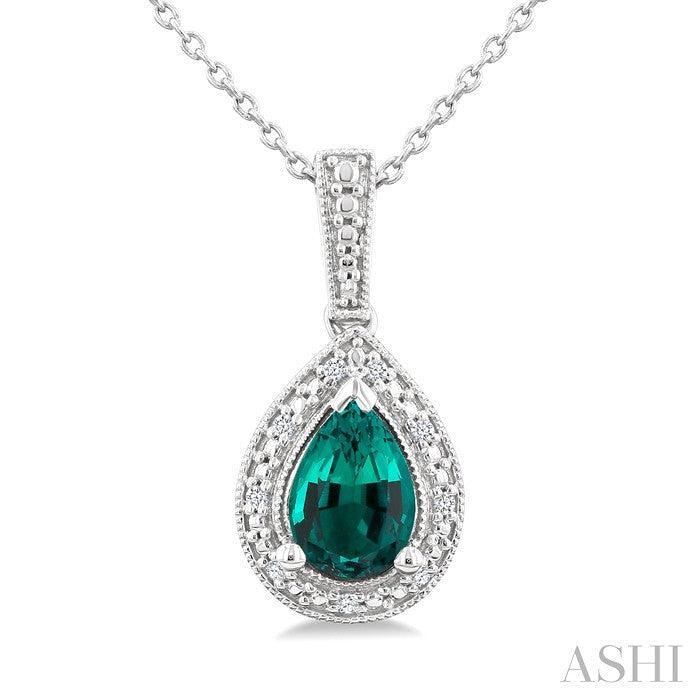 7X5 MM Pear Shape Lab-Created Emerald and 1/50 Ctw Round Cut Diamond Precious Pendant With Chain in Sterling Silver