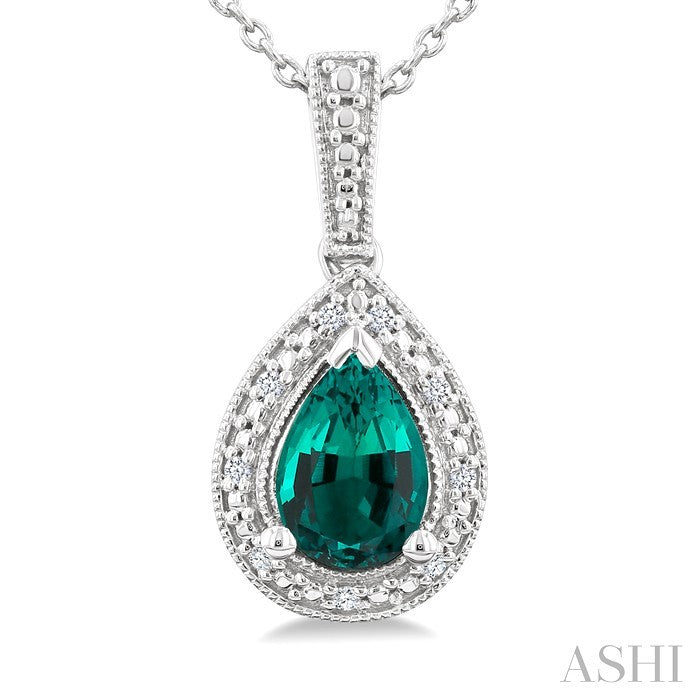 7X5 MM Pear Shape Lab-Created Emerald and 1/50 Ctw Round Cut Diamond Precious Pendant With Chain in Sterling Silver