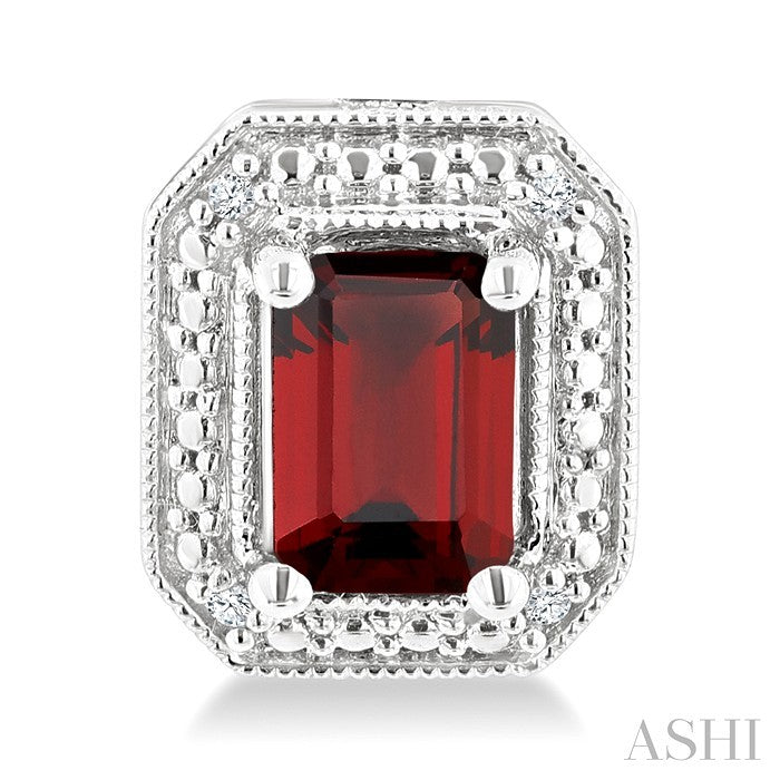 6X4 MM Octagon Shape Garnet and 1/50 Ctw Round Cut Diamond Semi-Precious Earrings in Sterling Silver