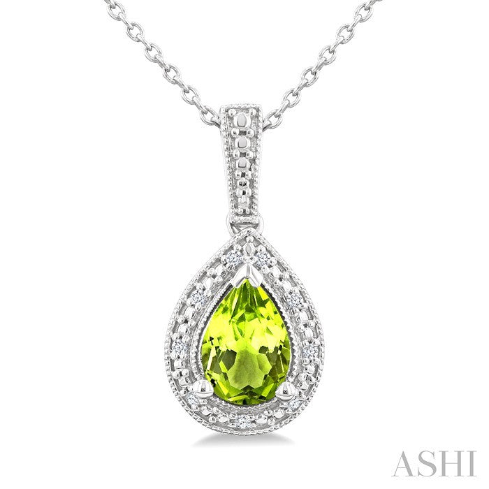 7X5 MM Pear Shape Peridot and 1/50 Ctw Round Cut Diamond Semi-Precious Pendant With Chain in Sterling Silver