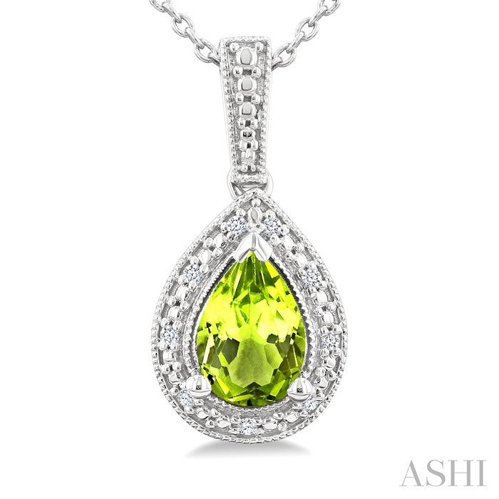 7X5 MM Pear Shape Peridot and 1/50 Ctw Round Cut Diamond Semi-Precious Pendant With Chain in Sterling Silver