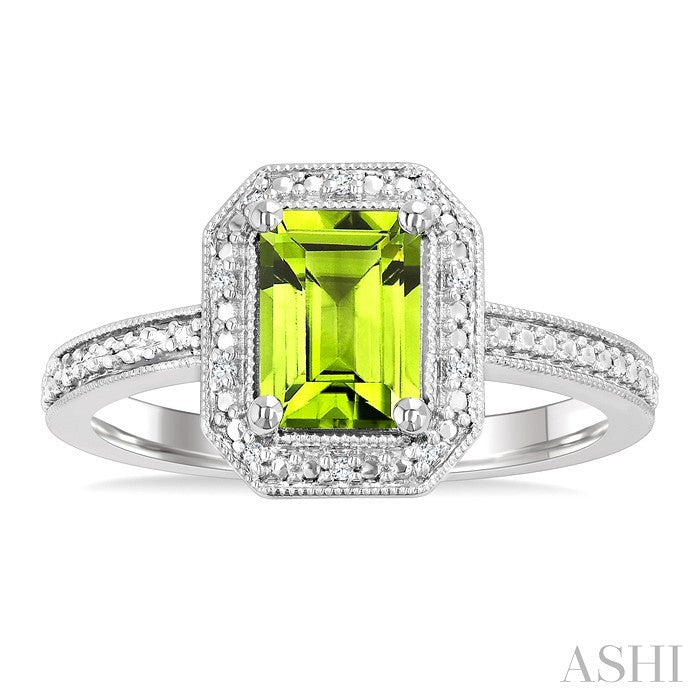 7X5 MM Octagon Shape Peridot and 1/50 Ctw Round Cut Diamond Semi-Precious Ring in Sterling Silver